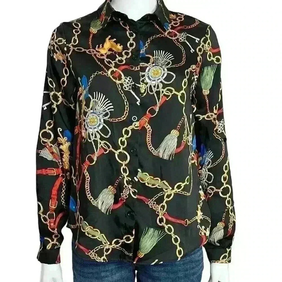 Haute Monde Chain Print Button Down Blouse Size Medium - Picture 2 of 10